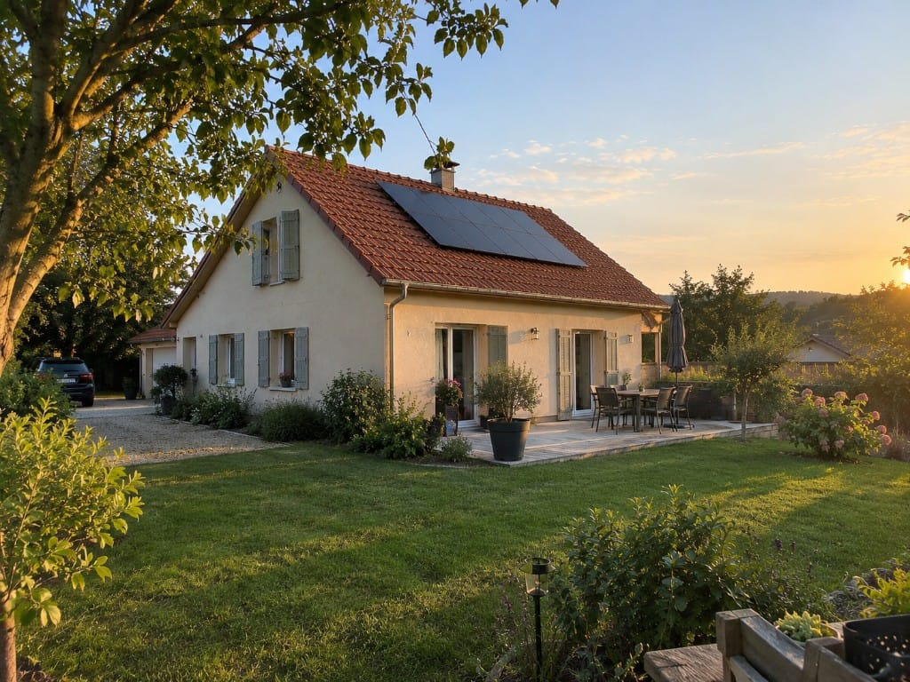 Maison avec toiture solaire au coucher du soleil