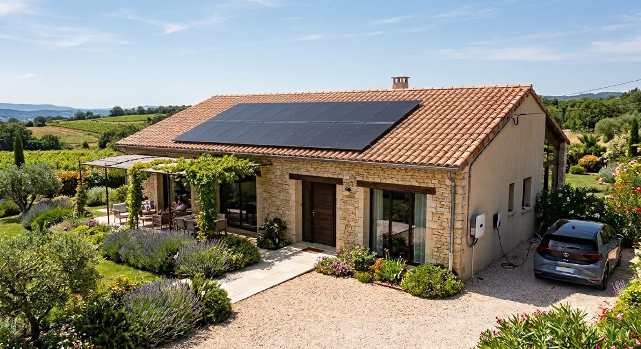 Illustration : maison en pierre avec panneaux solaires en toiture